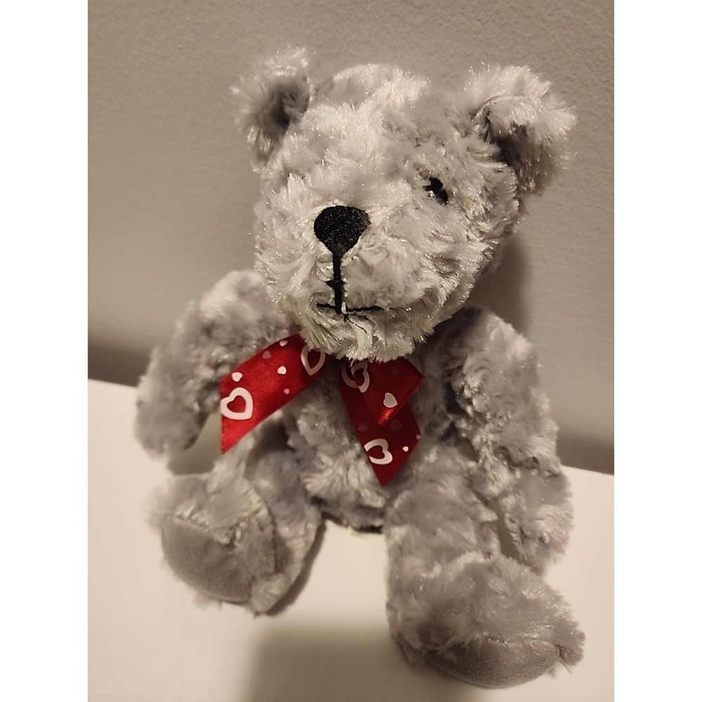 Walmart Plush‎ Light Gray Swirl Bear Red Heart Bow Sits 9" Lovey Stitched Eyes